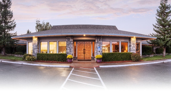 The front of the Crystal Ridge Care Center at sunset